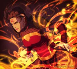 Rule 34 | 1girl, arm guards, armor, artist name, avatar legends, bad deviantart id, bad id, black nails, brown hair, closed mouth, english text, fire, lips, long hair, nail polish, p&#039;li (the legend of korra), pyrokinesis, red eyes, red lips, signature, solo, the art mage, the legend of korra, third eye, upper body