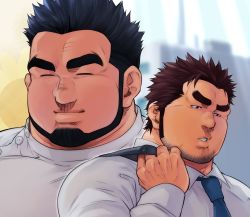 Rule 34 | 2boys, bara, black hair, blurry, blurry background, brown hair, chef, close-up, collared shirt, couple, closed eyes, facial hair, frown, half-closed eyes, long sideburns, male focus, manly, mature male, multiple boys, muscular, muscular male, necktie, open mouth, original, shirt, sideburns, smile, spiked hair, teeth, terujirou (masateruteru), thick eyebrows, veins, veiny hands, yaoi