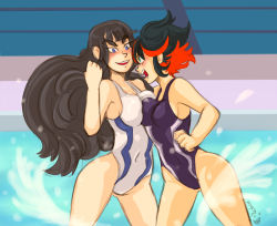 Rule 34 | 10s, 2girls, angry, armpits, bad id, bad pixiv id, black hair, black one-piece swimsuit, blue eyes, blush, breast fight, breast press, breasts, cheshirearttime, competition swimsuit, cosplay, covered navel, cowboy shot, crossover, green eyes, hand up, keijo!!!!!!!!, kill la kill, kiryuuin satsuki, long hair, looking at another, matoi ryuuko, medium breasts, multicolored hair, multiple girls, nose blush, one-piece swimsuit, open mouth, parody, pool, red hair, short hair, sideboob, signature, sketch, smile, splashing, standing, streaked hair, swimsuit, thick eyebrows, two-tone hair, very long hair, water, white one-piece swimsuit
