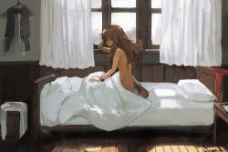 Rule 34 | 1girl, animal ears, artist name, bed, bed sheet, brown eyes, brown hair, clothes hanger, comic, curtains, dress, fantasy, from side, half-closed eyes, hand in own hair, indoors, kerchief, lansane, long hair, matching hair/eyes, morning, naked sheet, nightstand, no bra, no panties, nude, on bed, original, pillow, red ribbon, ribbon, school uniform, silent comic, sitting, skirt, solo, sunlight, tail, tsana (lansane), under covers, vest, waking up, window, wolf ears, wolf tail, wooden floor, wristband