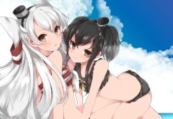 Rule 34 | 10s, 2girls, amatsukaze (kancolle), bent over, bikini, black bikini, black hair, blush, breasts, brown eyes, cloud, day, hair tubes, hat, kantai collection, long hair, looking at viewer, multiple girls, open mouth, short hair with long locks, silver hair, sky, small breasts, striped bikini, striped clothes, swimsuit, takeshima eku, tokitsukaze (kancolle), two side up