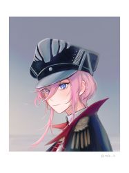Rule 34 | 1girl, absurdres, azur lane, black hat, blue eyes, closed mouth, from side, hat, highres, jacket, lips, long hair, looking at viewer, military, military hat, military uniform, necktie, peaked cap, pink hair, red necktie, rzk iii, seydlitz (azur lane), shirt, simple background, solo, twitter username, uniform, upper body, white shirt