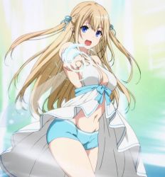 Rule 34 | 10s, 1girl, :d, amagi brilliant park, bad id, bad yandere id, blonde hair, blue eyes, breasts, cleavage, fairy wings, female focus, highres, long hair, looking at viewer, navel, open mouth, pointing, short shorts, shorts, sideboob, smile, solo, sylphy (amaburi), two side up, water, wings