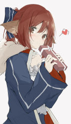 Rule 34 | 1girl, animal ear fluff, animal ears, arknights, bare shoulders, black bow, blue jacket, blush, bow, brown eyes, brown hair, camisole, closed mouth, collarbone, commentary request, flower, gift, grey background, hair between eyes, hair bow, hands up, heart, highres, holding, holding gift, jacket, kusunoki (gwzx5574), long sleeves, looking at viewer, off shoulder, open clothes, open jacket, perfumer (arknights), rose, simple background, sleeves past wrists, smile, solo, spoken heart, strap slip, white camisole, white flower, white rose, wide sleeves