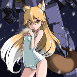 Rule 34 | 10s, 1girl, animal ears, blonde hair, breasts, contrapposto, cowboy shot, crossover, ezo red fox (kemono friends), fox ears, fox tail, gundam, gundam 00, kemono friends, long hair, looking at viewer, mecha, mobile suit gundam, one-piece swimsuit, robot, rohitsuka, rx-78-2, school swimsuit, small breasts, standing, swimsuit, tail, white school swimsuit, white one-piece swimsuit
