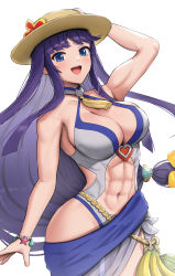 Rule 34 | 1girl, :d, abs, altina (fire emblem), biceps, blue eyes, blush, bracelet, breasts, choker, cleavage, collarbone, commentary, fire emblem, fire emblem: radiant dawn, fire emblem heroes, gonzarez, grey one-piece swimsuit, hair ornament, hairclip, hat, highres, jewelry, large breasts, long hair, looking at viewer, muscular, muscular arms, muscular female, navel, nintendo, official alternate costume, one-piece swimsuit, open mouth, purple hair, sarong, simple background, smile, solo, swimsuit, white background