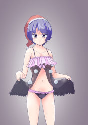 Rule 34 | 1girl, alternate costume, babydoll, black panties, blue hair, blunt bangs, breasts, chemise, collarbone, colored eyelashes, doremy sweet, frilled panties, frills, gradient background, hat, heki (supmore!), highres, looking at viewer, medium breasts, navel, night clothes, nightcap, panties, parted lips, pom pom (clothes), purple background, purple eyes, see-through, short hair, solo, stomach, thighs, touhou, underwear