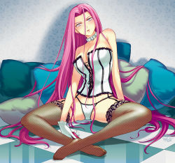 Rule 34 | 1girl, 2008, bare shoulders, breasts, checkered floor, collar, corset, dated, fate/stay night, fate (series), feet, fishnet thighhighs, fishnets, floor, gloves, large breasts, lingerie, long hair, looking at viewer, medusa (fate), medusa (rider) (fate), no shoes, panties, perspective, pillow, pink eyes, purple hair, signature, sitting, solo, spread legs, square pupils, task owner, thighhighs, underwear, very long hair, white panties