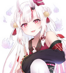 Rule 34 | absurdres, bare shoulders, bell, black kimono, collarbone, double bun, eyelashes, fang, frilled sleeves, frills, ghost, gradient hair, hair bell, hair bun, hair ornament, hair over shoulder, highres, hololive, horns, japanese clothes, kimono, knee up, light blush, long hair, multicolored hair, nakiri ayame, nakiri ayame (1st costume), obi, off shoulder, oni, open mouth, pantyhose, red eyes, red hair, sash, skin-covered horns, smile, solo, streaked hair, twitter username, two-tone hair, two side up, upper body, v-shaped eyebrows, virtual youtuber, white background, white hair, white pantyhose, zky (oekaky)