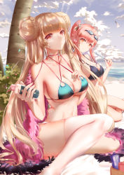 Rule 34 | 2girls, absurdres, alternate costume, aqua bikini, azur lane, bikini, black bikini, blue bikini, bottle, braid, braided bun, breasts, choker, cloud, cloudy sky, commentary request, criss-cross halter, double bun, food, formidable (azur lane), formidable (the lady of the beach) (azur lane), goggles, goggles on head, hair bun, halterneck, highres, holding, holding bottle, ice cream, italian flag, large breasts, long hair, looking at viewer, multi-strapped bikini bottom, multi-strapped bikini top, multiple girls, navel, o-ring, o-ring bikini, palm tree, pink choker, platinum blonde hair, red eyes, red hair, revision, single thighhigh, skindentation, sky, small mountain sauce, swimsuit, thighhighs, tree, very long hair, water, xiaoshan jiang, zara (azur lane), zara (poolside coincidence) (azur lane)
