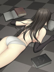 Rule 34 | 1girl, ass, bad id, bad pixiv id, black hair, book, chronica, elbow gloves, gloves, isobe, long hair, panties, panties only, solo, sound horizon, topless, underwear, underwear only, white panties