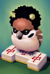 Rule 34 | afro, bird, eurasian tree sparrow, green background, horns, mahjong, mahjong tile, no humans, original, sakkan, sparrow, table