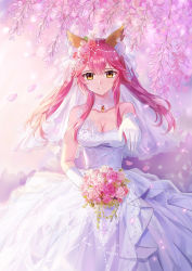 Rule 34 | 1girl, animal ears, bare shoulders, bouquet, breasts, bridal veil, bride, cleavage, collarbone, dress, elbow gloves, fate/grand order, fate (series), flower, formal, fox ears, gloves, guaizi, hair flower, hair ornament, highres, jewelry, large breasts, necklace, pink hair, rose, solo, strapless, strapless dress, suit, tamamo (fate), tamamo no mae (fate/extra), veil, wedding, wedding dress, white dress, white gloves, yellow eyes