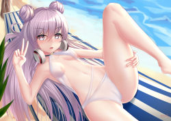 Rule 34 | 1girl, absurdres, amsxure, arm up, azur lane, bare shoulders, beach, blush, breasts, double bun, feet out of frame, hair bun, headphones, headphones around neck, highres, le malin (azur lane), le malin (mercredi at the secret base) (azur lane), legs up, light purple hair, long hair, looking at viewer, lying, medium breasts, navel, ocean, on back, one-piece swimsuit, open mouth, purple eyes, solo, star-shaped pupils, star (symbol), swimsuit, symbol-shaped pupils, thighs, v, white one-piece swimsuit