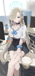 Rule 34 | 1girl, absurdres, asuna (blue archive), black choker, black skirt, blue archive, blue bow, blue bowtie, blue eyes, blue nails, bow, bowtie, breasts, choker, collared shirt, crossed legs, emollllno, hair over one eye, hair ribbon, halo, hand on own thigh, highres, indoors, large breasts, light brown hair, long hair, monitor, pleated skirt, ribbon, scrunchie, shirt, sitting, skirt, sleeves rolled up, smile, solo, white shirt, wrist scrunchie