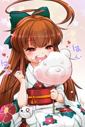 Rule 34 | 10s, 1girl, ahoge, artist name, bow, brown hair, commentary request, cotton candy, eating, floral print, hair bow, heart, heart-shaped pupils, japanese clothes, kantai collection, kimono, kuma (kancolle), lee (colt), long hair, obi, open mouth, sash, solo, star (symbol), starry background, symbol-shaped pupils, yukata
