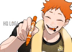 Rule 34 | 1boy, ^ ^, ^o^, aged up, closed eyes, haikyuu!!, highres, hinata shouyou, male focus, marker, mix (wkupmix), mouth hold, orange hair, short hair, short sleeves, simple background, smile, solo, sweat, sweatdrop, teeth hold, towel, towel around neck, upper body, white background