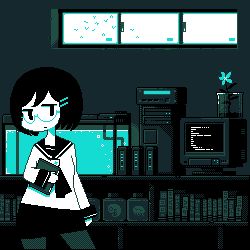 Rule 34 | 1girl, animated, animated gif, aqua theme, arm at side, arm up, bird, blinking, blue theme, book, bookshelf, bottle, closed mouth, computer, computer tower, contrapposto, cork, corked bottle, flower, glasses, hair ornament, hairclip, holding, holding book, long sleeves, looking to the side, lowres, monitor, monochrome, original, pantyhose, pixel art, raised eyebrow, sailor collar, short sleeves, skirt, toyoi yuuta, window