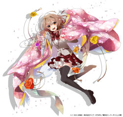 Rule 34 | 1girl, :d, black thighhighs, blazer, bow, brown hair, cave (developer), cellphone, cherry blossoms, female focus, flower, full body, hairband, jacket, japanese clothes, kimono, loafers, open mouth, petals, phone, plaid, plaid skirt, plant, plastick, pleated skirt, school uniform, shirotsuku, shoes, short hair, simple background, skirt, smile, solo, thighhighs, white background, yellow eyes, zettai ryouiki