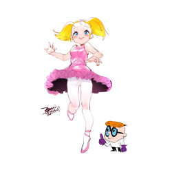 Rule 34 | 1boy, 1girl, animification, blonde hair, blue eyes, breasts, brother and sister, cameltoe, dee dee, dexter&#039;s laboratory, dexter (dexter&#039;s laboratory), ejami, glasses, gloves, graphite (medium), lab coat, looking at viewer, pantyhose, short hair, short twintails, siblings, simple background, smile, traditional media, twintails, white background, white pantyhose
