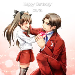Rule 34 | 1boy, 1girl, birthday, blue eyes, brown hair, dated, facial hair, fate/zero, fate (series), father and daughter, flower, formal, goatee, happy birthday, jin akhr, rose, suit, thighhighs, tohsaka rin, tohsaka tokiomi, twintails