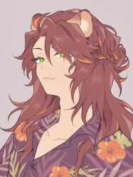 Rule 34 | 1boy, androgynous, animal ear fluff, animal ears, brown hair, closed mouth, collarbone, collared shirt, fang, fang out, floral print, green eyes, grey background, hawaiian shirt, highres, kano201215, leona kingscholar, lion boy, lion ears, long hair, looking at viewer, male focus, messy hair, multicolored hair, orange hair, partially unbuttoned, portrait, purple shirt, shirt, slit pupils, solo, streaked hair, twisted wonderland