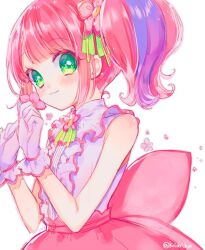 Rule 34 | 1girl, blush, center frills, closed mouth, commentary, flower, frills, gloves, green eyes, hair flower, hair ornament, hands up, holding, holding flower, kanon (pripara), long hair, looking at viewer, multicolored hair, pink flower, pink hair, pink skirt, pretty series, pripara, purple hair, shirt, side ponytail, simple background, skirt, smile, solo, streaked hair, symbol-only commentary, touyama soboro, white background, white gloves, white shirt