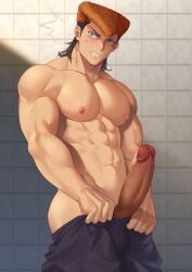 Rule 34 | 1boy, abs, absurdres, ass, bara, black hair, blush, brown hair, clenched teeth, clothes pull, danganronpa: trigger happy havoc, danganronpa (series), erection, highres, large pectorals, large penis, male focus, multicolored hair, muscular, muscular male, navel, nipples, owada mondo, p3ta (yio), pants, pants pull, pectorals, penis, pompadour, purple eyes, short hair, solo, sweat, teeth, topless male, two-tone hair