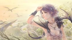 Rule 34 | 1girl, bracelet, collarbone, dragon, fang, flying, highres, jewelry, lavender, light purple hair, looking to the side, necklace, peiyu zhou, short hair, smile, solo, wind, wings