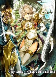 Rule 34 | 1girl, armor, blonde hair, braid, breastplate, brown eyes, company name, daigoman, faye (fire emblem), feathers, fire emblem, fire emblem cipher, fire emblem echoes: shadows of valentia, gloves, high heels, long hair, nintendo, official art, open mouth, outstretched arm, pegasus, pegasus knight uniform (fire emblem), polearm, riding, solo, thighhighs, twin braids, weapon, white gloves
