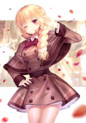 Rule 34 | 1girl, absurdres, arm up, bad id, bad pixiv id, blonde hair, blurry, blurry background, blurry foreground, blush, bow, braid, brown capelet, brown jacket, capelet, commentary, cowboy shot, depth of field, ecu8080, fingernails, hair over shoulder, hand on own hip, head tilt, highres, huge filesize, jacket, long hair, long sleeves, looking at viewer, nail polish, original, parted lips, petals, pink nails, plaid, plaid capelet, plaid jacket, red bow, red eyes, revision, single braid, sleeves past wrists, solo