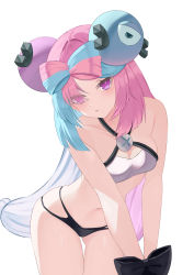 Rule 34 | 1girl, :o, absurdres, bare arms, bare shoulders, bikini, black bikini, black bow, blue hair, bow, bow-shaped hair, breasts, character hair ornament, cleavage, collarbone, commentary request, creatures (company), eyes visible through hair, game freak, gluteal fold, hair ornament, hair over one eye, halterneck, head tilt, highres, iono (pokemon), jiang ye kiri, leaning forward, long hair, looking at viewer, multicolored hair, navel, nintendo, parted lips, pink hair, pokemon, pokemon sv, purple eyes, simple background, small breasts, solo, swimsuit, two-tone hair, very long hair, white background, white bikini