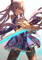 Rule 34 | 1girl, black pantyhose, breasts, closed mouth, commentary, cone hair bun, cowboy shot, double bun, dress, english commentary, expressionless, floating hair, genshin impact, gloves, glowing, glowing sword, glowing weapon, gradient background, grey background, hair between eyes, hair bun, highres, holding, holding sword, holding weapon, k3nzoteruta, keqing (genshin impact), light particles, light purple hair, long hair, looking at viewer, medium breasts, mixed-language commentary, pantyhose, purple dress, purple eyes, purple gloves, reverse grip, signature, simple background, solo, sword, tsurime, twintails, twitter username, weapon, white background