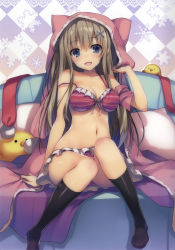 Rule 34 | 1girl, :d, absurdres, animal hood, arm support, bare arms, bare shoulders, bikini, black legwear, blue eyes, blush, breasts, brown hair, cat hood, checkered background, cleavage, copyright request, couch, feet, foreshortening, frilled bikini, frills, front-tie bikini top, front-tie top, highres, hood, hood up, knees up, long hair, looking at viewer, medium breasts, navel, no shoes, on couch, open clothes, open mouth, pillow, scan, sitting, smile, snowflakes, solo, strap slip, striped bikini, striped clothes, stuffed animal, stuffed toy, swimsuit, tareme, tomose shunsaku, underwear, very long hair