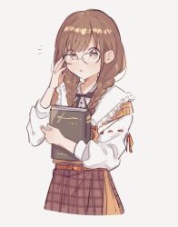Rule 34 | 1b 104, 1girl, adjusting eyewear, belt, bespectacled, black bow, black bowtie, book, bow, bowtie, brown belt, brown eyes, brown hair, brown skirt, cropped legs, dot nose, eyelashes, glasses, highres, holding, holding book, idolmaster, idolmaster shiny colors, layered shirt, light blush, long hair, long sleeves, looking at viewer, notice lines, official alternate costume, official alternate hairstyle, orange sweater, parted lips, plaid, plaid skirt, raised eyebrows, red ribbon, ribbon, ribbon trim, shirt, short sleeves, sketch, skirt, solo, sonoda chiyoko, sweater, swept bangs, tareme, teeth, white background, white shirt, wing collar