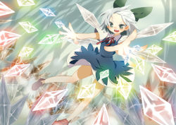 Rule 34 | 1girl, bad id, bad pixiv id, blue eyes, blue hair, bow, cirno, crystal, danmaku, dress, dutch angle, forehead, foreshortening, green eyes, hair bow, highres, ice, kodamari, matching hair/eyes, open mouth, outstretched arms, outstretched hand, short hair, solo, teeth, touhou, wings
