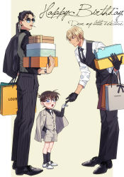 Rule 34 | 3boys, :o, akai shuuichi, amuro tooru, arm up, bag, balenciaga, black-framed eyewear, black footwear, black hair, black jacket, black neckwear, black pants, black shirt, black socks, black vest, blonde hair, blue eyes, blush, box, brown hair, buttons, child, cigarette, closed mouth, collared shirt, commentary request, earrings, edogawa conan, english text, engrish text, glasses, gloves, green eyes, grey shorts, grey vest, hair between eyes, hand in pocket, happy birthday, height difference, highres, holding, holding bag, holding box, jacket, jacket on shoulders, jewelry, k (gear labo), leaning forward, long hair, long sleeves, looking at another, looking at viewer, looking down, louis vuitton (brand), male focus, meitantei conan, mouth hold, multiple boys, necktie, open clothes, open jacket, open mouth, outstretched hand, pants, pillarboxed, pinstripe jacket, pinstripe pants, pinstripe pattern, ranguage, round eyewear, shirt, shoes, short hair, shorts, sleeves rolled up, smile, smoke, smoking, socks, striped clothes, striped jacket, striped pants, stud earrings, sunglasses, vertical-striped clothes, vertical-striped jacket, vertical-striped pants, vest, watch, white footwear, white gloves, white neckwear, white shirt, wristwatch, yellow background