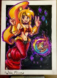 Rule 34 | alternate costume, alternate eye color, armlet, art tools in frame, artist name, aura, bare shoulders, blonde hair, blue eyes, choker, corruption, cosplay, crossover, dark persona, earrings, english text, hal laboratory, highres, jewelry, long hair, looking at viewer, looking to the side, metroid, mind control, mole, mole under mouth, nintendo, official alternate eye color, one eye closed, open mouth, pants, pointy ears, ponytail, possessed, possession, purple hair, red eyes, red pants, samus aran, shantae, shantae (cosplay), shantae (series), smile, spirit, spirit (super smash bros.), stoic seraphim, super smash bros., trait connection, v, wayforward