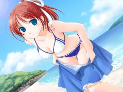 Rule 34 | 1girl, amanatsu, aqua eyes, ayase mao, beach, bikini, breasts, game cg, ginta, outdoors, red hair, skirt, sky, solo, swimsuit, swimsuit under clothes, undressing