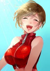 Rule 34 | 1girl, :d, bare shoulders, blush, breasts, brown hair, closed eyes, commentary request, crop top, itoko (i t k), large breasts, meiko (vocaloid), midriff, open mouth, red shirt, shirt, short hair, sleeveless, smile, solo, vocaloid, zipper pull tab