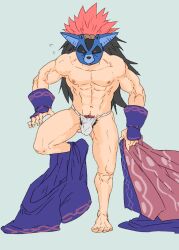 Rule 34 | 1boy, abs, ainu clothes, bara, bulge, cat mask, covered penis, excessive pubic hair, flying sweatdrops, fugur6 fugur9, full body, fundoshi, gluteal fold, gradient hair, highres, japanese clothes, long hair, male focus, male pubic hair, mask, multicolored hair, muscular, muscular male, navel, nipples, original, pubic hair, pubic hair peek, solo, standing, standing on one leg, stomach, undressing, very long hair
