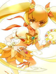 Rule 34 | 10s, 1girl, blonde hair, boots, bow, brooch, choker, cure sunshine, hair ribbon, happy, heart, heart brooch, heartcatch precure!, knee boots, legs, long hair, magical girl, midriff, myoudouin itsuki, navel, orange eyes, potpourri (heartcatch precure!), precure, ribbon, skirt, smile, solo, twintails, very long hair, waxwa, white background, yellow skirt