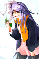 Rule 34 | 1girl, animal ears, arm at side, bags under eyes, black pantyhose, blazer, breath, clenched hand, cowboy shot, crushing, drinking straw, empty eyes, hair over one eye, half-closed eye, highres, jacket, leaning forward, long hair, long sleeves, looking away, nama shirasu, open mouth, pantyhose, purple hair, rabbit ears, red eyes, reisen udongein inaba, shirt, skirt, solo, standing, steam, touhou, uneven eyes, very long hair