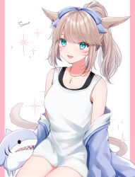 Rule 34 | 1girl, :d, absurdres, animal ears, blue jacket, cat ears, cat girl, cat tail, clothes down, commission, facial mark, final fantasy, final fantasy xiv, green eyes, highres, jacket, jewelry, light brown hair, long hair, long shirt, miqo&#039;te, necklace, open clothes, open jacket, open mouth, ponytail, sana (sanamaru 0w0), shirt, skeb commission, sleeveless, sleeveless shirt, smile, tail, warrior of light (ff14), whisker markings
