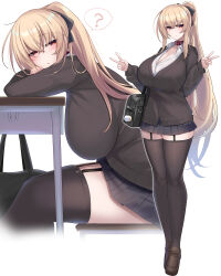 Rule 34 | 1girl, ?, absurdres, black cardigan, black skirt, black thighhighs, blonde hair, breasts, cardigan, collar, collared shirt, commentary request, double v, garter straps, highres, huge breasts, kubiwa (kutan), kutan, leaning on table, long hair, long sleeves, looking at viewer, multiple views, original, pleated skirt, red collar, school uniform, shirt, simple background, sitting, skirt, spoken question mark, thighhighs, v, very long hair, white background, white shirt