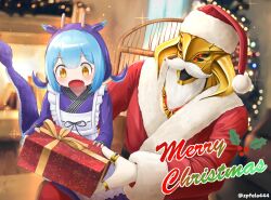 Rule 34 | 1boy, 1girl, apron, bad id, bad twitter id, blue hair, christmas present, christmas tree, commentary request, dragon girl, dragon horns, dragon tail, duel monster, eldlich the golden lord, extra eyes, fake beard, fake facial hair, fang, fireplace, fur trim, gift, givelee, hat, highres, horns, jewelry, laundry dragonmaid, maid, maid apron, merry christmas, multicolored hair, purple hair, red eyes, ring, santa costume, santa hat, sparkle, tail, twitter username, two-tone hair, yellow eyes, yu-gi-oh!, yu-gi-oh! master duel