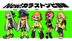 Rule 34 | 5girls, :/, agent 3 (splatoon), agent 3 (splatoon 3), agent 4 (splatoon), agent 8 (splatoon), anklet, asymmetrical hair, belt, betti (xx betti), bike shorts, black footwear, black headphones, black jacket, black pants, black shirt, black shorts, black skirt, blonde hair, blue hat, bra strap, braid, brown eyes, cloak, closed mouth, collarbone, commentary request, crop top, deformed, dual persona, eyebrow cut, full body, green background, green hair, grey shirt, hand on own hip, hat, headphones, high-visibility vest, highres, ink tank (splatoon), inkling, inkling girl, inkling player character, jacket, jewelry, layered shirt, letterboxed, long hair, looking at another, looking at viewer, medium hair, midriff, military hat, miniskirt, multiple girls, navel, nintendo, octoling, octoling girl, octoling player character, orange eyes, orange hair, pants, peaked cap, pointy ears, red eyes, red hair, sandals, shirt, shorts, single braid, single sleeve, skirt, smile, splatoon (series), splatoon 1, splatoon 2, splatoon 2: octo expansion, splatoon 3, squidbeak splatoon, suction cups, tentacle hair, thigh belt, thigh strap, time paradox, torn cloak, torn clothes, torn shorts, translation request, twintails, two-tone eyes, very long hair, white headphones, yellow eyes, yellow footwear, yellow jacket, zipper, zipper pull tab