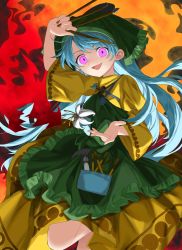 Rule 34 | 1girl, :d, apron, blue hair, chisel, dress, flower, green apron, green headwear, green hood, haniyasushin keiki, head scarf, highres, jewelry, keiki8296, long hair, looking at viewer, magatama, magatama necklace, necklace, open mouth, pink eyes, skirt, smile, solo, tools, touhou, wood carving tool, yellow dress