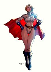 Rule 34 | 1girl, animification, artist name, belt, blonde hair, blue footwear, blue gloves, blush, boots, breasts, cape, cleavage, cleavage cutout, clenched hands, clothing cutout, dc comics, gloves, hands on own hips, highres, leotard, medium breasts, power girl, red belt, red cape, red lips, santa fung, short hair, simple background, smile, solo, white background, white leotard