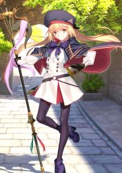 Rule 34 | 1girl, artist request, artoria caster (fate), artoria caster (second ascension) (fate), artoria pendragon (fate), black pantyhose, blonde hair, day, fate/grand order, fate (series), gloves, hair between eyes, hat, long hair, long sleeves, looking at viewer, official art, outdoors, pantyhose, sheath, sheathed, skirt, solo, staff, standing, standing on one leg, sword, tree, twintails, weapon